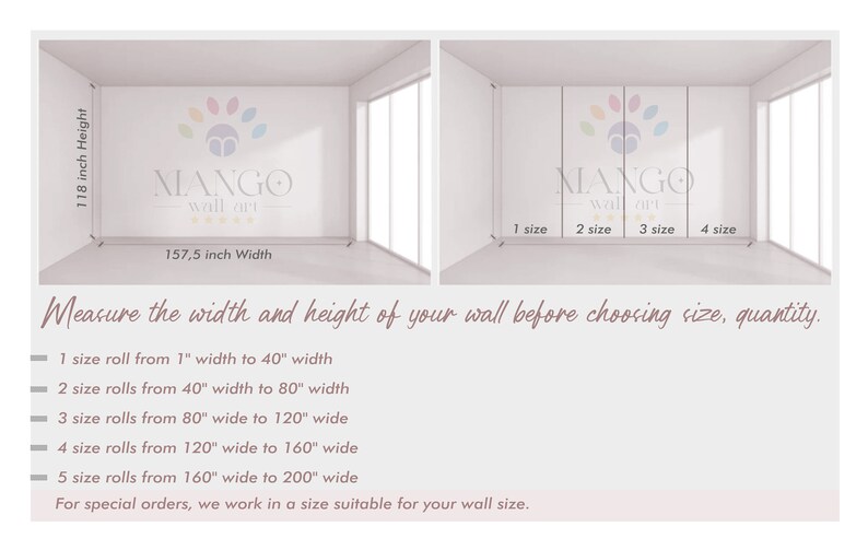 Op de afbeelding: Afbeelding met afmetingen van wandkunst. De tekst luidt "MANGO wall art". De afbeelding toont een kamer met afmetingen van 300 cm hoog en 400 cm breed. Er worden instructies gegeven voor het meten van de muur voordat u bestelt.