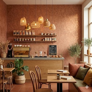 Puede incluir: Interior de una cafetería con mesas y sillas de madera, una máquina de café y una pizarra de menú. Lámparas colgantes tejidas cuelgan del techo. Plantas y artículos relacionados con el café se exhiben.