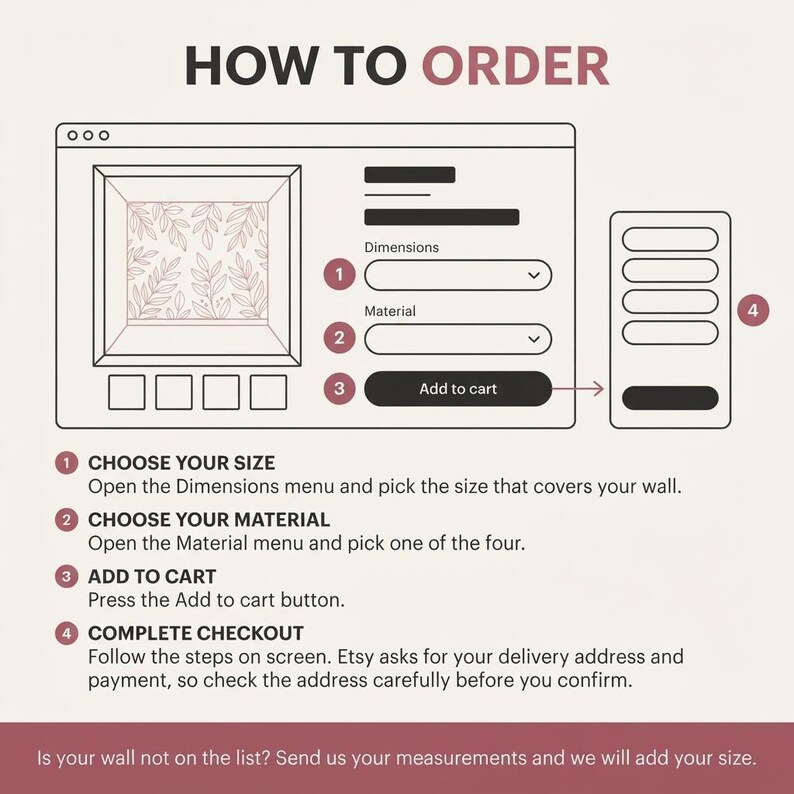 May include: An instructional graphic titled HOW TO ORDER showing a digital interface with numbered steps. It illustrates selecting dimensions and material from dropdown menus, clicking an Add to cart button, and completing the checkout process.