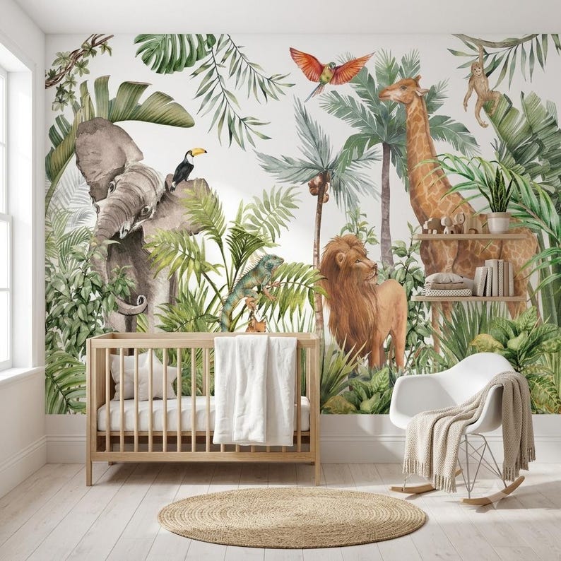 May include: A nursery room featuring a wall mural with watercolor illustrations of a gray elephant, a brown giraffe, a lion, a toucan, a parrot, and a monkey amidst green jungle foliage. A wooden crib, a white rocking chair, and a round rug.