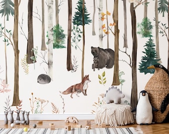 Kinderbehang bosdieren, kinderkamerinrichting (aangepast formaat, Peel & Stick)