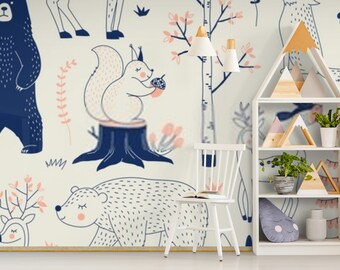 Kids Wallpaper Forest animals Nursery Wallpaper animal forest  Baby wall art child forest animal wallpaper art  custom size