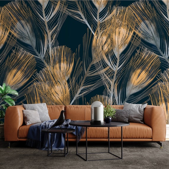 Gold Blue Feather Wallpaper Wall Mural Peel and Stick Living - Etsy Gold Blue Feather Wallpaper Wall Mural Peel and Stick Living - Etsy