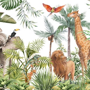 May include: A watercolor wall mural featuring a lush jungle scene with a gray elephant, a giraffe, a lion, a toucan, a parrot, a monkey, and an iguana surrounded by various green tropical palm leaves and dense foliage on a white background.