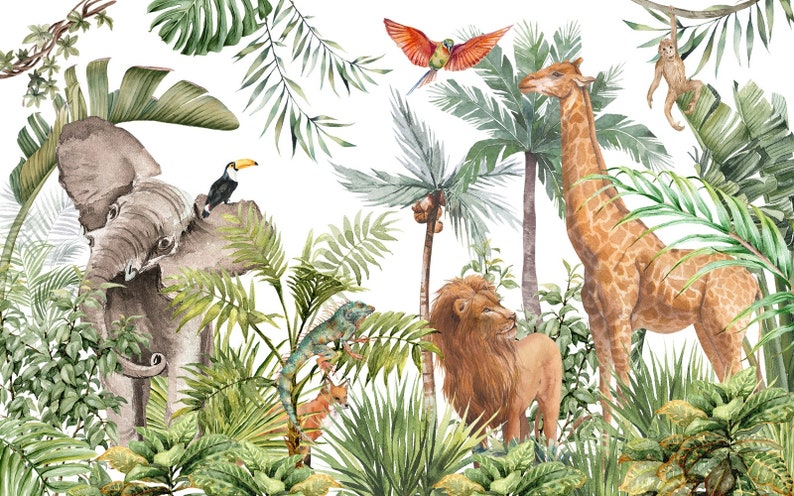May include: A watercolor wall mural featuring a lush jungle scene with a gray elephant, a giraffe, a lion, a toucan, a parrot, a monkey, and an iguana surrounded by various green tropical palm leaves and dense foliage on a white background.