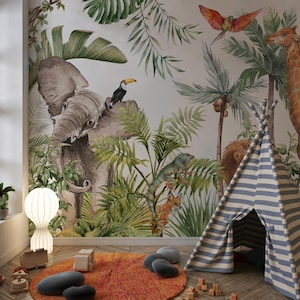 May include: A wall mural featuring a jungle scene with an elephant, giraffe, toucan, iguana, and parrot. In the room, a blue and white striped teepee tent sits on a wooden floor with a round orange rug, wooden toy blocks, and a white lamp.