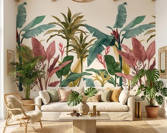Vintage Tropical Wallpaper, Exotic Palm Leaf Wall Mural, Dusty Pink Banana Leaf, Boho Monstera Peel and Stick