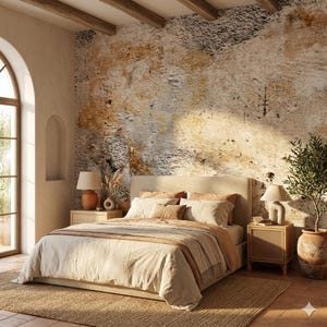 Puede incluir: Un dormitorio con una paleta de colores neutros, con una cama con ropa de cama beige y almohadas decorativas. La habitaci&oacute;n tiene una pared texturizada, vigas de madera y dos mesitas de noche con l&aacute;mparas. Una planta en maceta est&aacute; cerca de la cama.