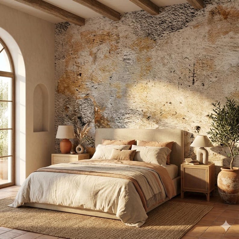 Puede incluir: Un dormitorio con una paleta de colores neutros, con una cama con ropa de cama beige y almohadas decorativas. La habitaci&oacute;n tiene una pared texturizada, vigas de madera y dos mesitas de noche con l&aacute;mparas. Una planta en maceta est&aacute; cerca de la cama.
