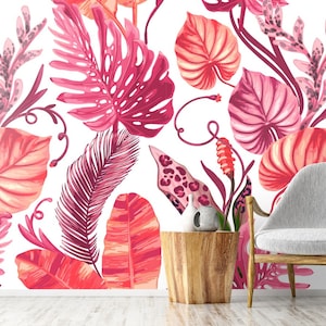 Pink leaves wallpaper, pink leaf wallpaper,tropicalwallpaper,leave wallpaper,floralwallpaper,livingroom wallpaper,abstract wallmural,