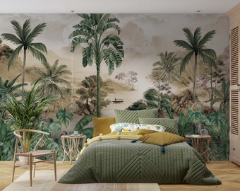Green Tropical Palm and Banana leaves Wallpaper-Montain and River Landscape Wall Mural-Peel and Stick -Traditional-Tropical Forest Landscape
