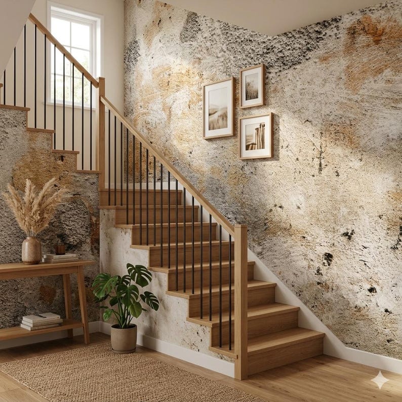 Puede incluir: Una escalera de madera con balaustres de metal negro y pasamanos de madera natural. Las escaleras conducen a una ventana. La pared est&aacute; decorada con obras de arte enmarcadas y un papel pintado texturizado y multicolor. Se ve una peque&ntilde;a mesa con un jarr&oacute;n y una planta en maceta.