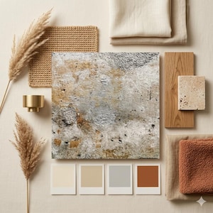 Puede incluir: Un mood board de tonos neutros con un cuadrado texturizado, muestras de tela, madera y muestras de pintura. La paleta de colores incluye beige, gris y &oacute;xido. Los elementos decorativos incluyen hierba de la pampa seca y un candelabro dorado.