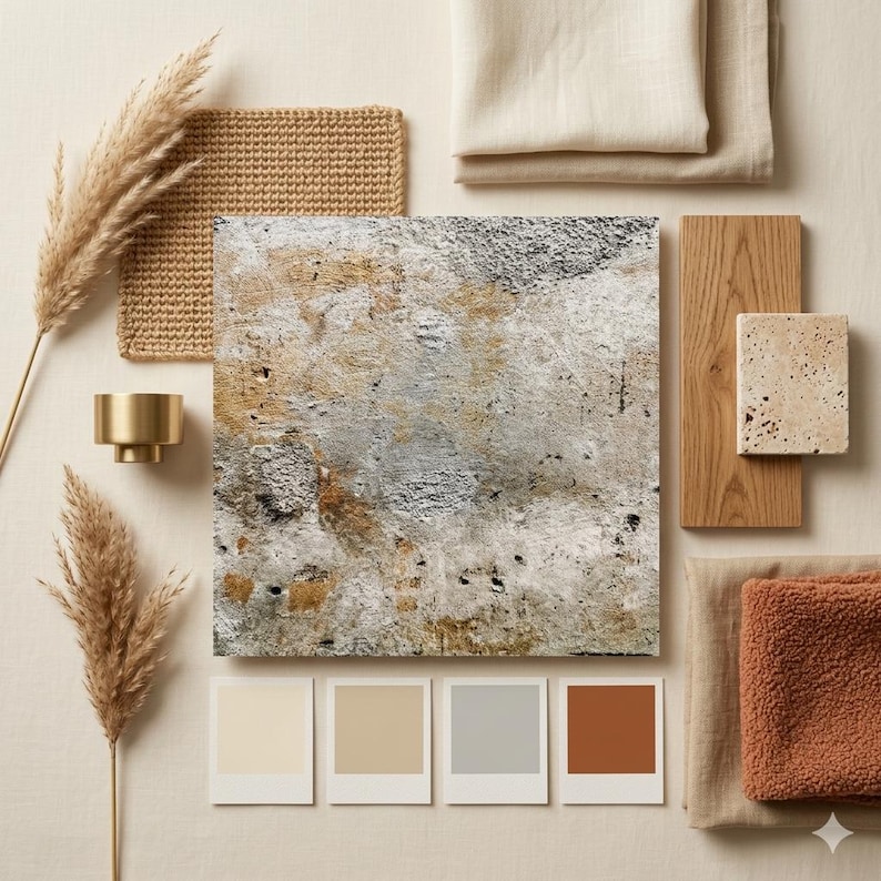 Puede incluir: Un mood board de tonos neutros con un cuadrado texturizado, muestras de tela, madera y muestras de pintura. La paleta de colores incluye beige, gris y &oacute;xido. Los elementos decorativos incluyen hierba de la pampa seca y un candelabro dorado.