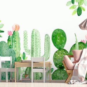 Cactuc-flowers wallpaper,green cactuc wall print,nursery wallmural,kidsroom wallpaper,childroom wall art,livingroom wallpaper,renters wall