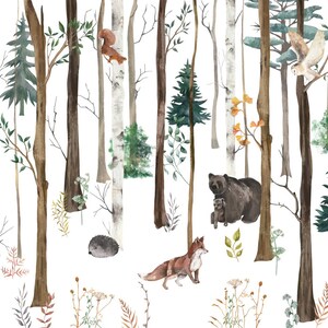 May include: A wallpaper pattern featuring watercolor illustrations of a forest with birch and pine trees, a moose, a squirrel, a hedgehog, a bear with a cub, a fox, an owl, and a rabbit, all set against a plain white background.