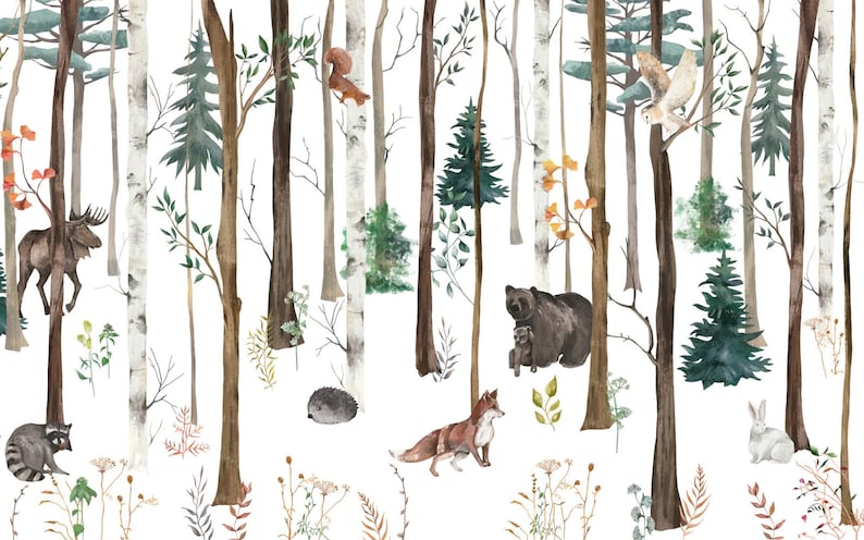 May include: A wallpaper pattern featuring watercolor illustrations of a forest with birch and pine trees, a moose, a squirrel, a hedgehog, a bear with a cub, a fox, an owl, and a rabbit, all set against a plain white background.