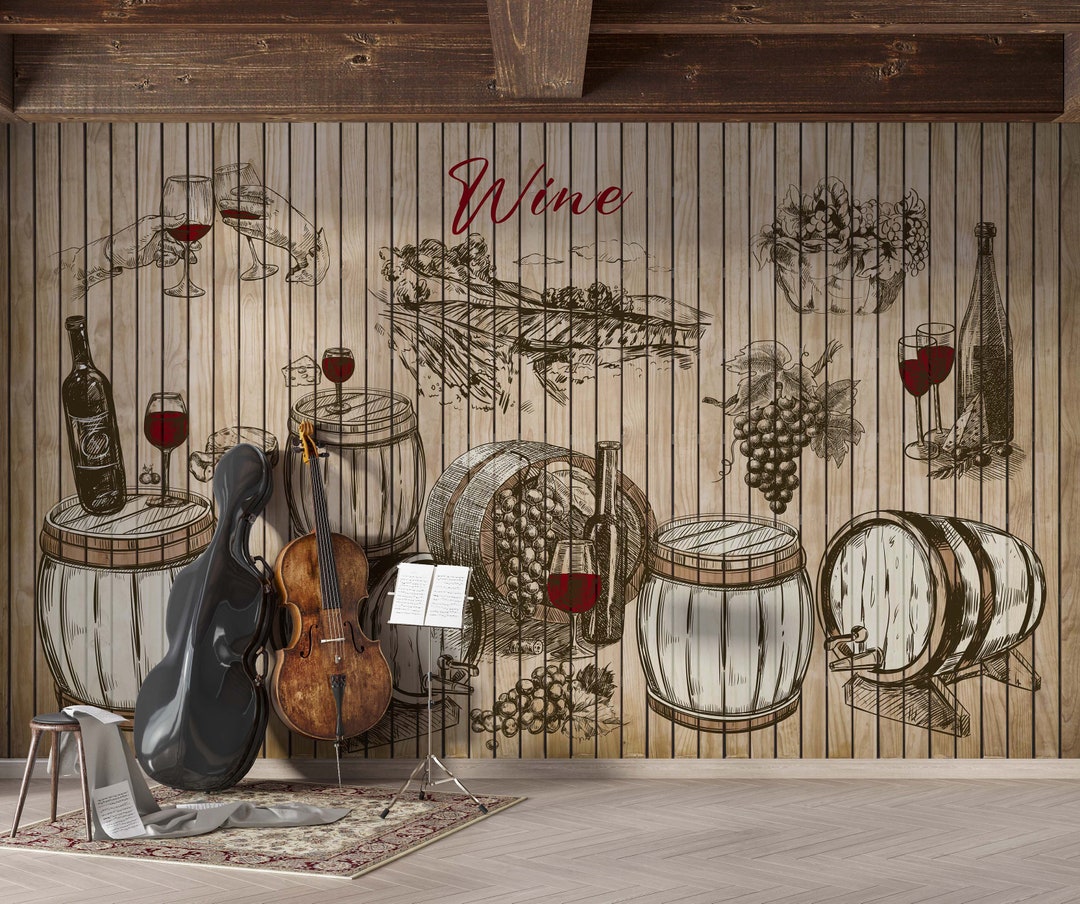 Cafe Wallpaper-cafe Wine House Wall Decor-wine Keg Wall Art-peel and ...