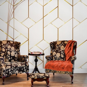 Carta da parati con motivo quadrato dorato, arte della parete in marmo del soggiorno, murale in marmo del bagno, effetto linea oro, decorazione della parete geometrica, dimensioni personalizzate