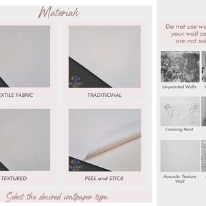 Op de afbeelding: Afbeelding met behangmateriaalopties: Textielstof, Traditioneel, Getextureerd en Peel and Stick. De afbeelding waarschuwt ook tegen het gebruik van behang op ongeschikte muurcondities, zoals onbeschilderde muren, natte muren, barstende verf en vochtplekken.