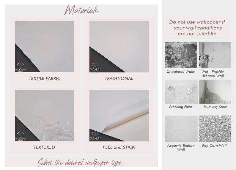Op de afbeelding: Afbeelding met behangmateriaalopties: Textielstof, Traditioneel, Getextureerd en Peel and Stick. De afbeelding waarschuwt ook tegen het gebruik van behang op ongeschikte muurcondities, zoals onbeschilderde muren, natte muren, barstende verf en vochtplekken.