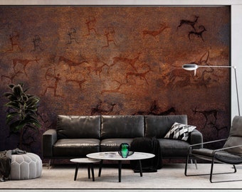 Primitive Wall Mural, Cave Painting, Earth Tones (Peel and Stick)