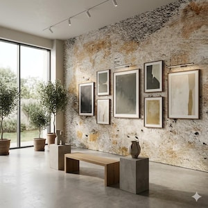 Puede incluir: Interior de una galer&iacute;a de arte con obras de arte abstractas enmarcadas en varios tama&ntilde;os y colores. La galer&iacute;a incluye un banco de madera, pedestales de hormig&oacute;n y olivos en macetas. La pared tiene un aspecto texturizado y envejecido, y la iluminaci&oacute;n resalta las obras de arte.