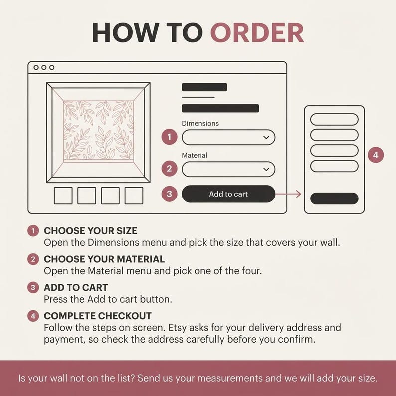 May include: An instructional graphic titled HOW TO ORDER showing a digital interface with numbered steps. It illustrates selecting dimensions and material from dropdown menus, clicking an Add to cart button, and completing the checkout process.