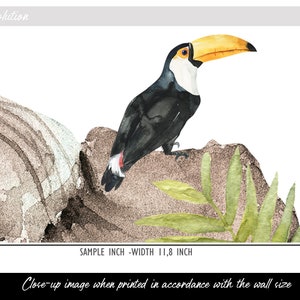 May include: A watercolor illustration of a toucan with a large yellow beak, black feathers, and a white chest, perched on a brown rock with green leaves. The text indicates a sample height of 7.87 inches and a width of 11.8 inches.