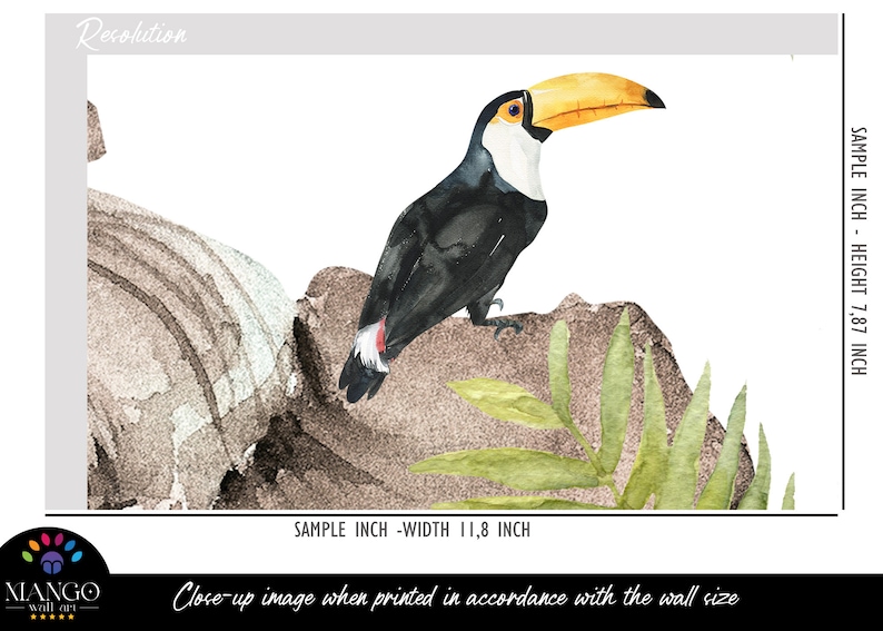 May include: A watercolor illustration of a toucan with a large yellow beak, black feathers, and a white chest, perched on a brown rock with green leaves. The text indicates a sample height of 7.87 inches and a width of 11.8 inches.