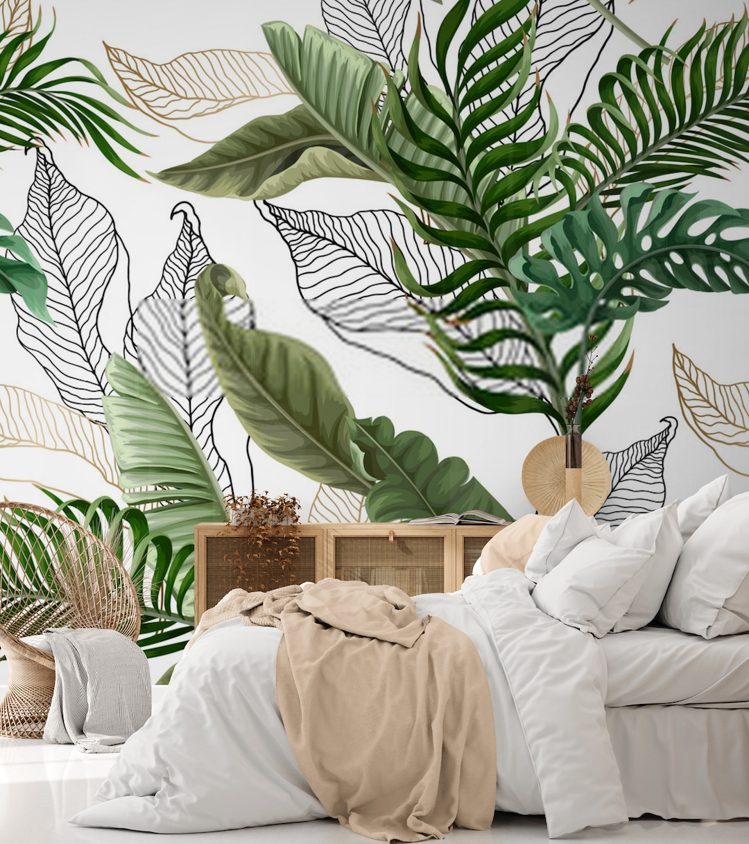 Tropical Green Leaves Wallpaper Mural: Peel and Stick Wall Art - Etsy