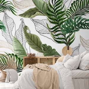 Tropical Wallpaper  Green Leaves Wall Mural Peel and Stick Living Room Bedroom Decor Trendy Wall Art Design Custom Size
