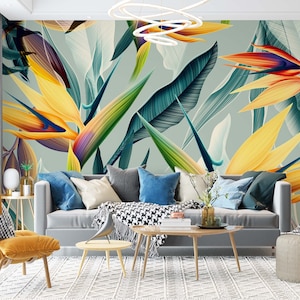 Colorful banana leaves Wallpaper-Living room Wall Mural-Banana Leaves  wall Art-Tropical leaves wallpaper-Peel and stick-Self Adhesive