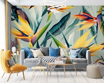 Coloridas hojas de plátano Fondo de pantalla-Sala de estar Mural de pared-Hojas de plátano pared Arte-Hojas tropicales fondo de pantalla-Peel y palo-Autoadhesivo