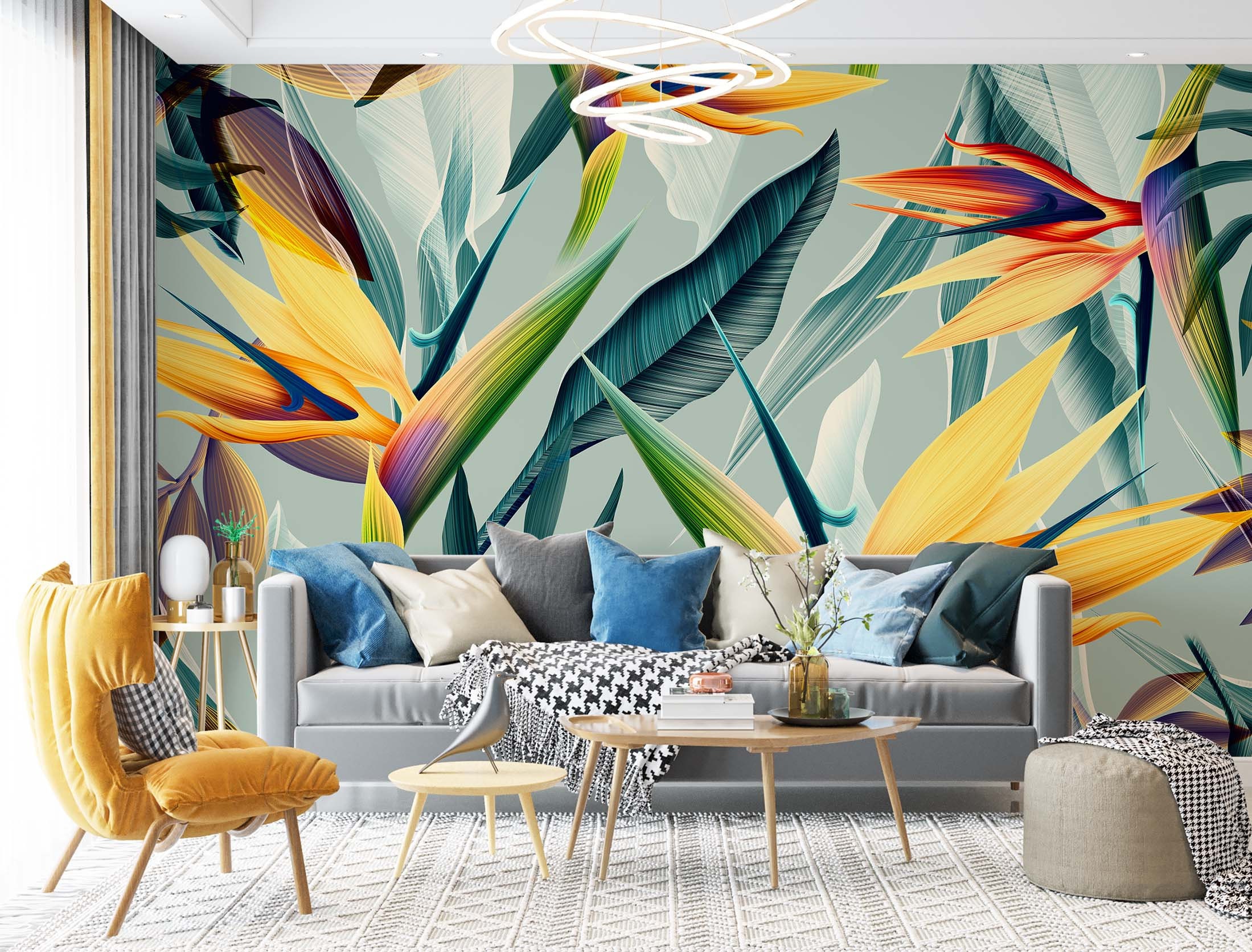 Colorful banana leaves Wallpaper-Living room Wall Mural-Banana Leaves  wall Art-Tropical leaves wallpaper-Peel and stick-Self Adhesive