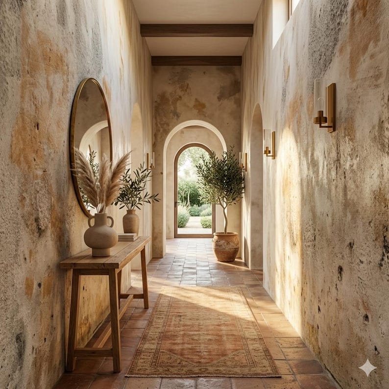 Puede incluir: Un pasillo interior con arcos y paredes envejecidas. Una consola de madera con jarrones con plantas secas y un espejo redondo. Un olivo en maceta y una alfombra estampada contribuyen al ambiente c&aacute;lido. Apliques de pared proporcionan una iluminaci&oacute;n suave.