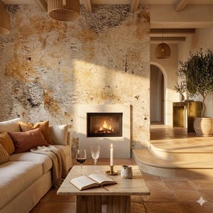 Puede incluir: Un sal&oacute;n acogedor con chimenea, sof&aacute; y mesa de centro. La chimenea tiene un marco blanco y un fuego encendido en su interior. El sof&aacute; tiene cojines beige y cojines decorativos. Una mesa de centro tiene un libro, copas de vino y una vela. La habitaci&oacute;n tiene una est&eacute;tica r&uacute;stica y c&aacute;lida.