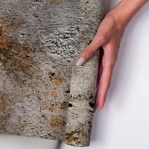 Puede incluir: Un rollo de papel pintado texturizado con apariencia de hormig&oacute;n envejecido. La paleta de colores incluye tonos de gris, marr&oacute;n y negro, creando una est&eacute;tica desgastada e industrial. El papel pintado est&aacute; siendo sostenido por una mano.
