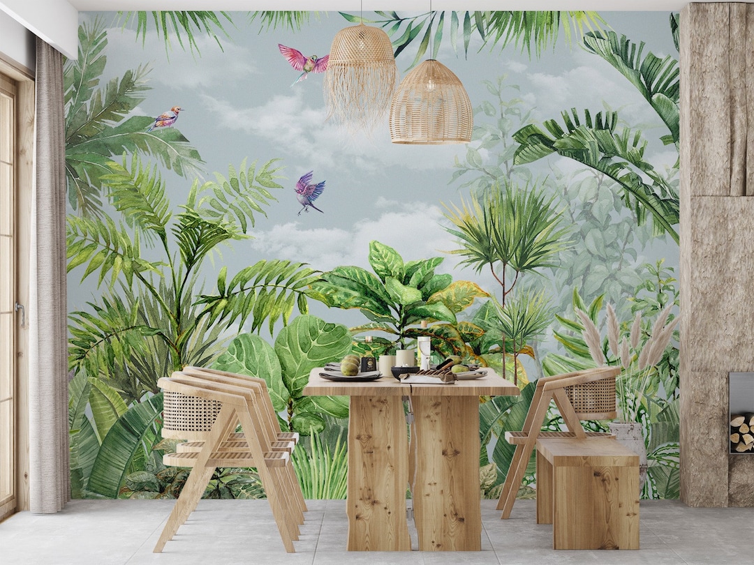 Tropical Forest Wallpaper: Green Leaves Peel and Stick Wall Mural - Etsy