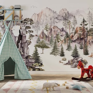 Papier peint autocollant sapin-papier peint pour enfants, aquarelles montagne et arbres mural, art mural auto-adhésif pour chambre d'enfant, forêt de pins brumeuse