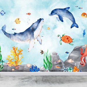 Carta da parati per cameretta dei bambini - Carta da parati per cameretta dei bambini - Carta da parati con creature marine acquerellate - Carta da parati con motivi di balene, delfini, polpi e coralli
