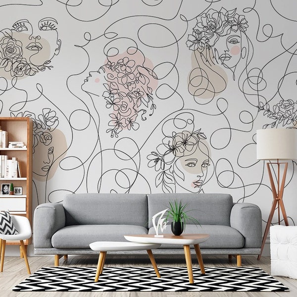 Abstract Women face wallpaper-Peel and Stıck wallpaper - Livingroom Wall decor- Bedroom wall art-Women face art decor-custom size