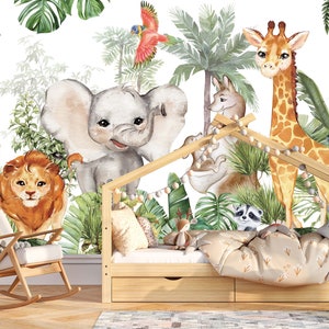 Niños Safari-Selva Animales Fondo de pantalla-Vivero Animales tropicales Fondo de pantalla- Arte de la pared del bebé -Niño- Selva- Animales pared Mural -arte -tamaño personalizado