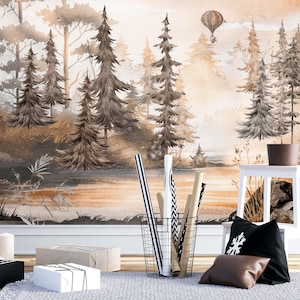 Papier peint imprimé forêt de pins-papier peint pour enfants, aquarelles montagne et arbres mural, art mural auto-adhésif pour chambre d'enfant, forêt de pins brumeuse,