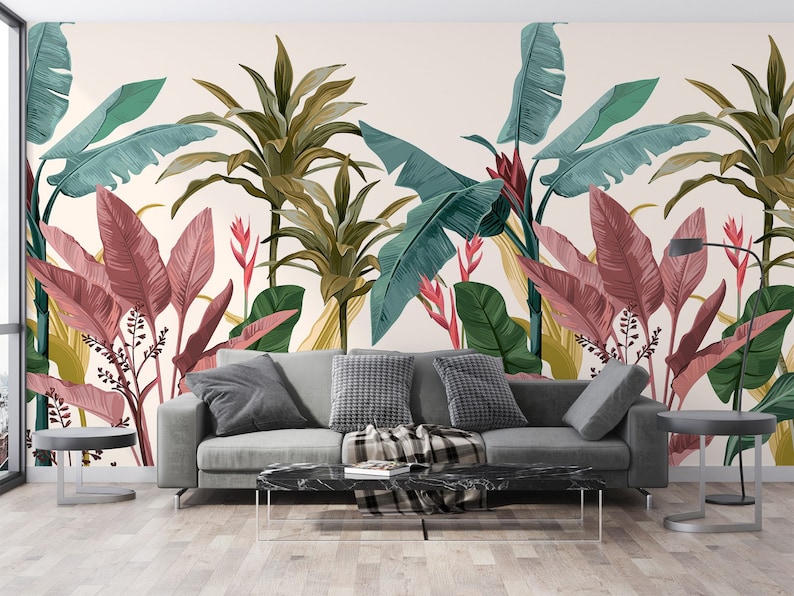 Colorful Banana Leaves Wallpaperliving Room Wall Decor Etsy