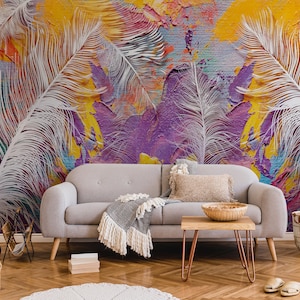 Wallpaper with bright mottled fabric background,Large white feathers,Colorful paintbrush strokes on fabric background,Home and living,