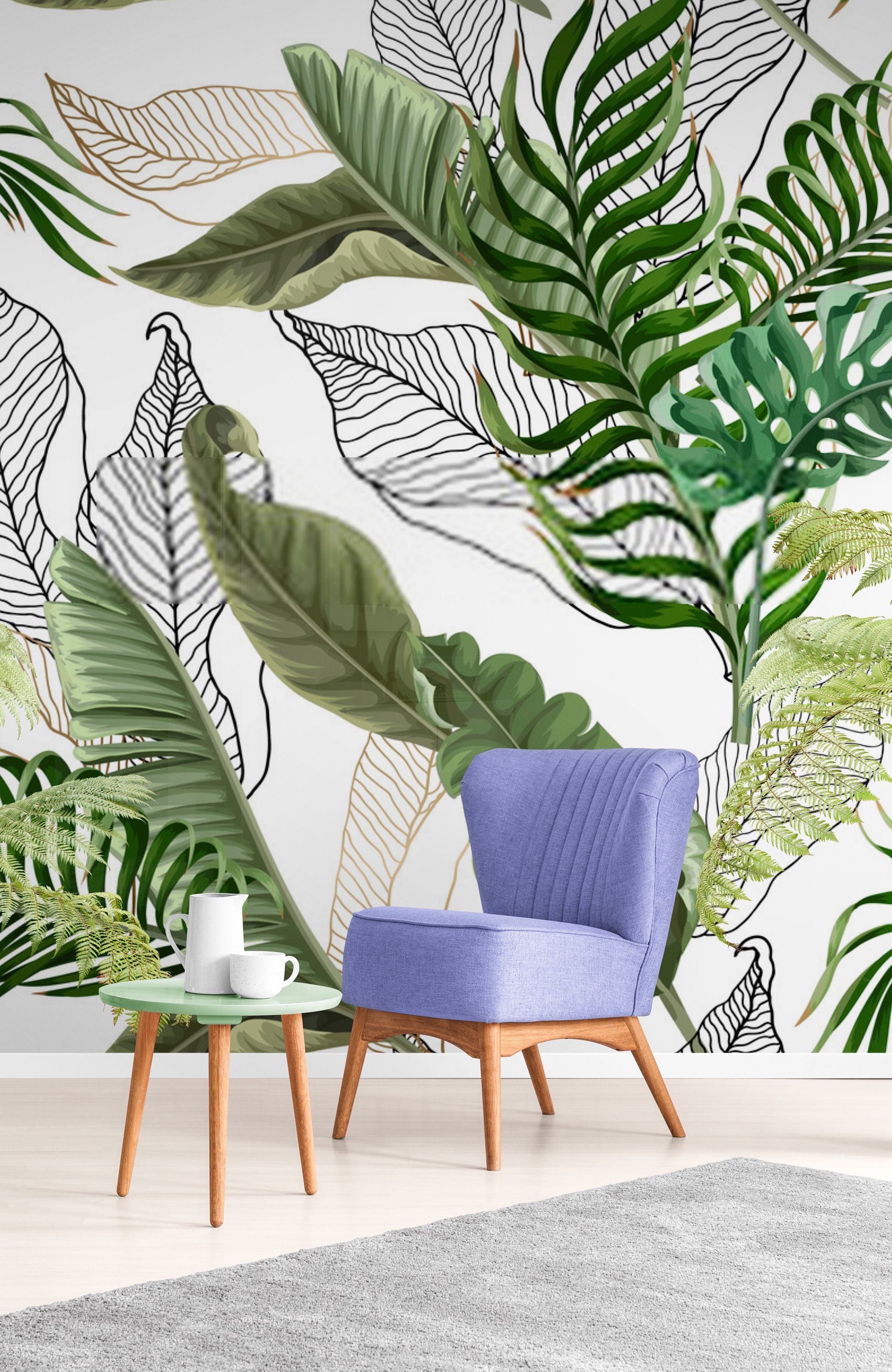 Tropical Green Leaves Wallpaper Mural: Peel and Stick Wall Art - Etsy