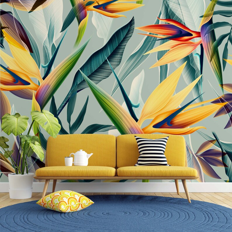 Colorful Banana Leaves Wallpaperliving Room Wall Muralbanana Etsy