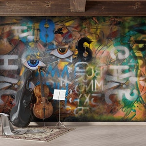 Graffiti wall art wallpaper-Graffiti wall Mural-Graffiti pattern Wall Decor-Colorful graffiti Wall Decal-Peel and Stick-Removable-