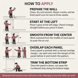 May include: An instructional infographic titled HOW TO APPLY with five steps for installing wallpaper. It features illustrations of a person applying panels to a wall, including instructions to prepare the wall, start at the left, smooth from the center, overlap each panel, and trim the bottom strip.